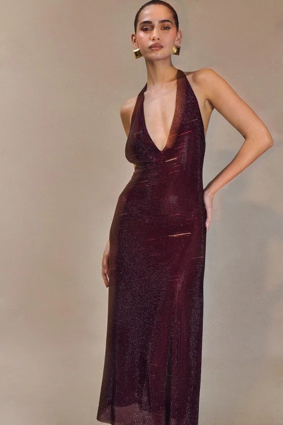 Genie Diamante Halter Midi Dress – Mahogany Genie Diamante Halter Midi Dress – Mahogany