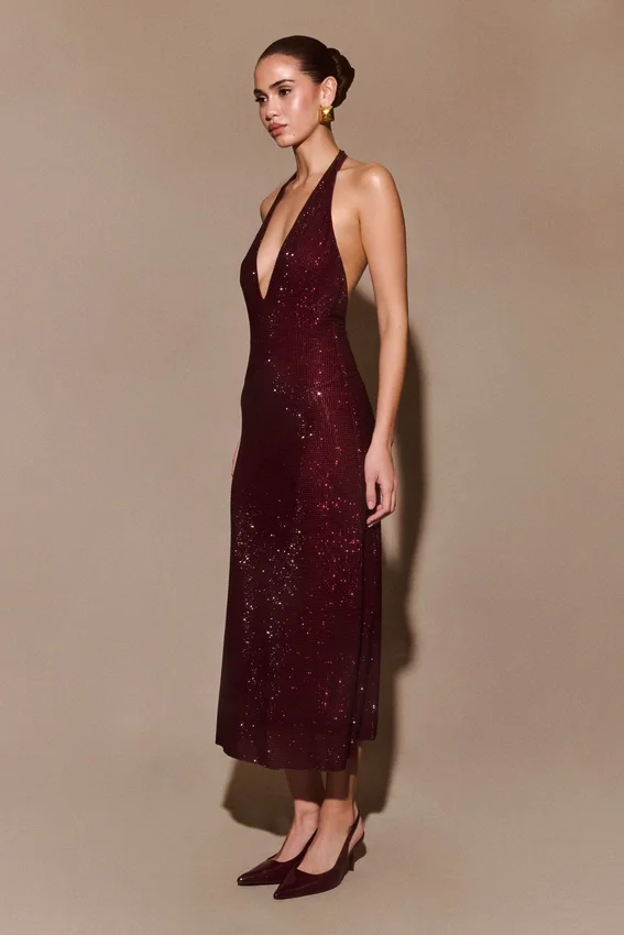 Genie Diamante Halter Midi Dress – Mahogany Genie Diamante Halter Midi Dress – Mahogany