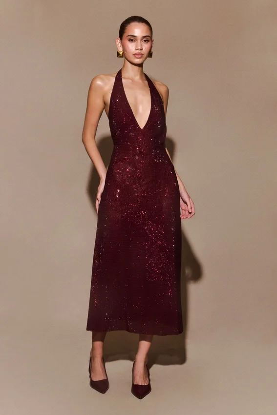 Genie Diamante Halter Midi Dress – Mahogany Genie Diamante Halter Midi Dress – Mahogany