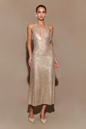Genie Diamante Halter Midi Dress – Nude