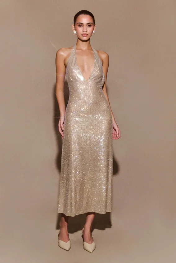 Genie Diamante Halter Midi Dress – Nude Genie Diamante Halter Midi Dress – Nude