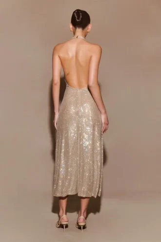 Genie Diamante Halter Midi Dress – Nude
