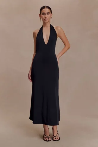 Genie Slinky Halter Midi Dress – Black