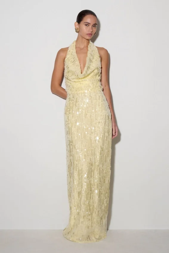 Gertrud Sequin Halter Maxi Dress – Lemon Gertrud Sequin Halter Maxi Dress – Lemon
