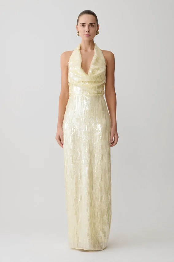 Gertrud Sequin Halter Maxi Dress – Lemon Gertrud Sequin Halter Maxi Dress – Lemon