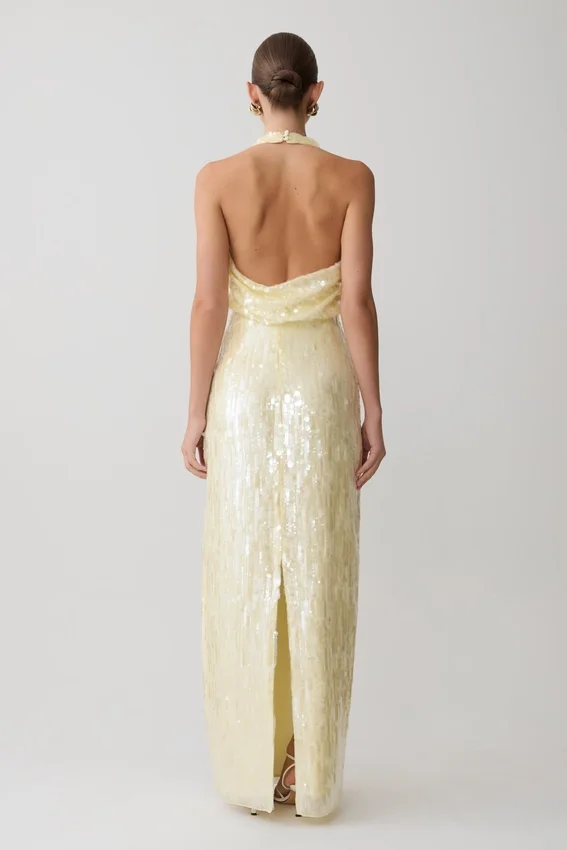 Gertrud Sequin Halter Maxi Dress – Lemon Gertrud Sequin Halter Maxi Dress – Lemon