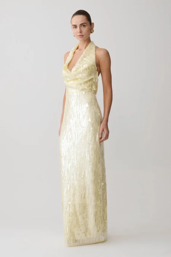 Gertrud Sequin Halter Maxi Dress – Lemon Gertrud Sequin Halter Maxi Dress – Lemon