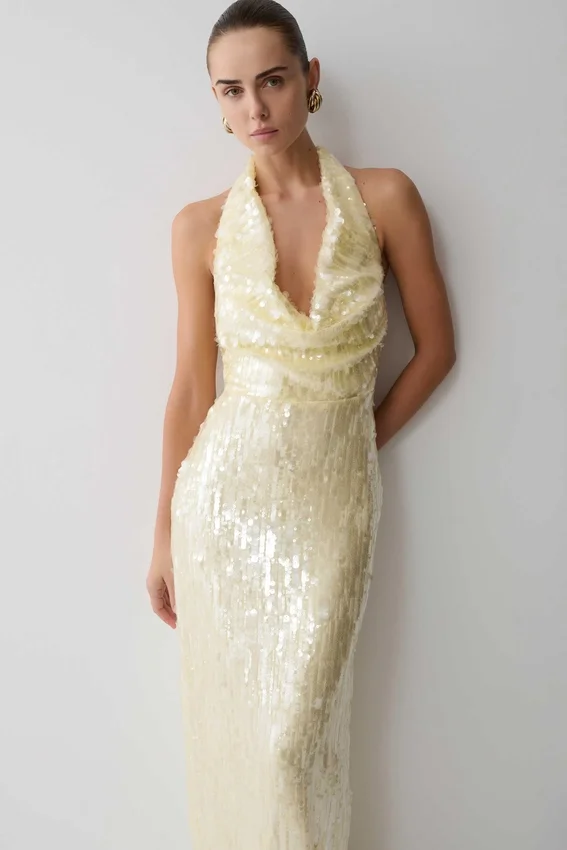 Gertrud Sequin Halter Maxi Dress – Lemon Gertrud Sequin Halter Maxi Dress – Lemon