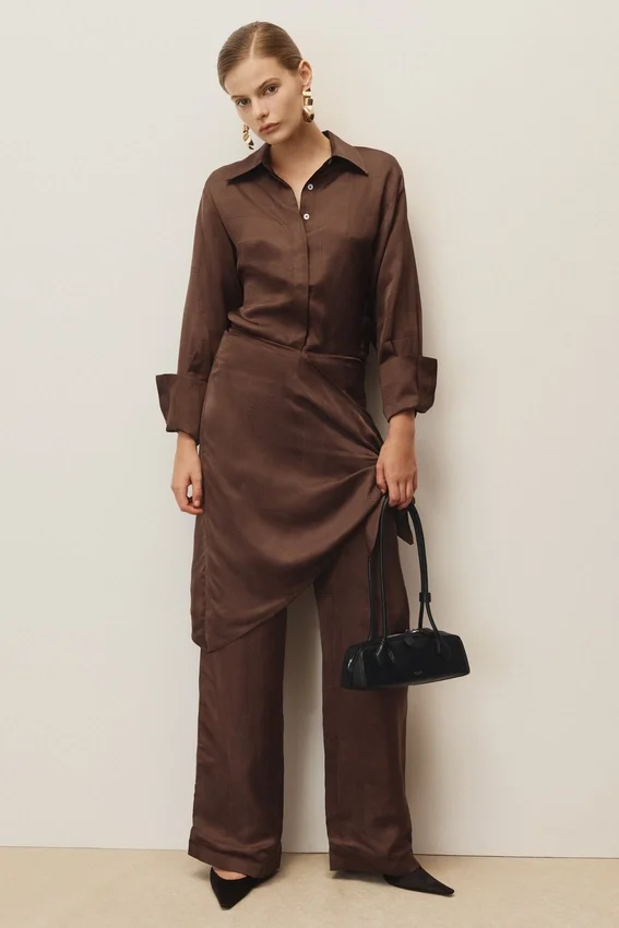 Gia Long Sleeve Satin Shirt – Chocolate Gia Long Sleeve Satin Shirt – Chocolate