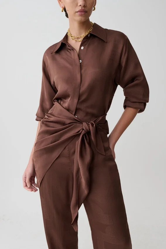Gia Long Sleeve Satin Shirt – Chocolate Gia Long Sleeve Satin Shirt – Chocolate