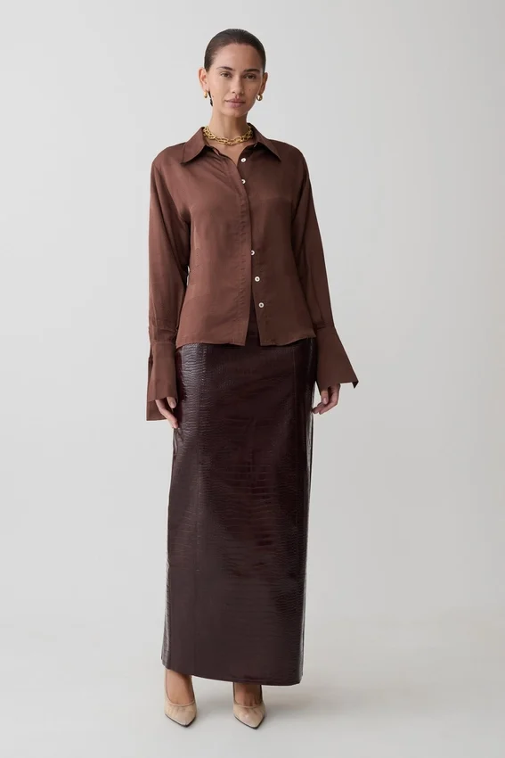 Gia Long Sleeve Satin Shirt – Chocolate Gia Long Sleeve Satin Shirt – Chocolate