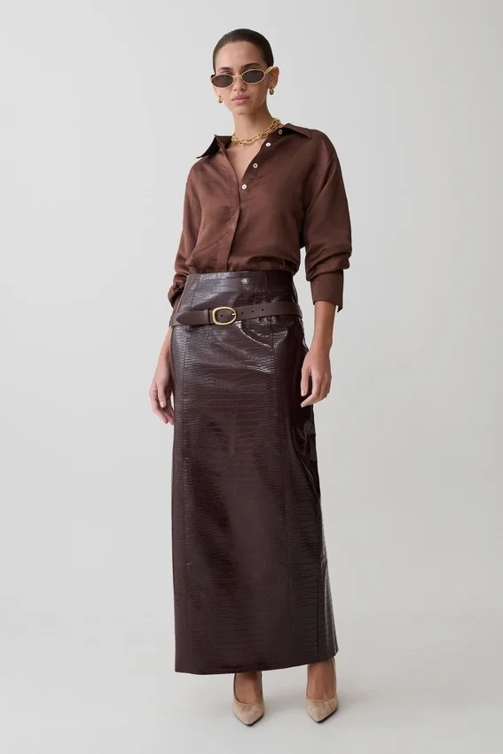 Gia Long Sleeve Satin Shirt – Chocolate Gia Long Sleeve Satin Shirt – Chocolate