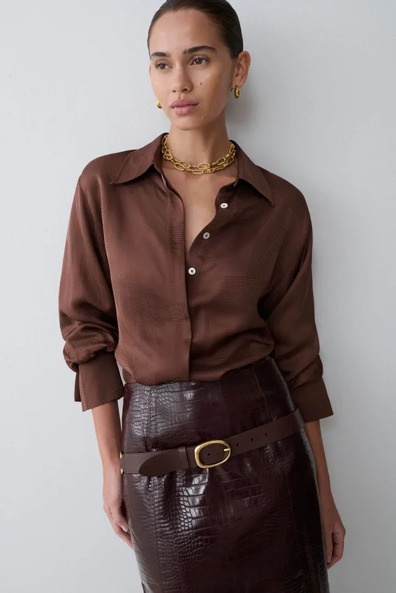 Gia Long Sleeve Satin Shirt – Chocolate Gia Long Sleeve Satin Shirt – Chocolate