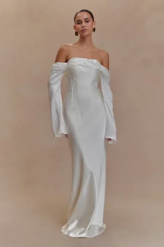 Giselle Off Shoulder Cowl Neck Maxi Dress – White