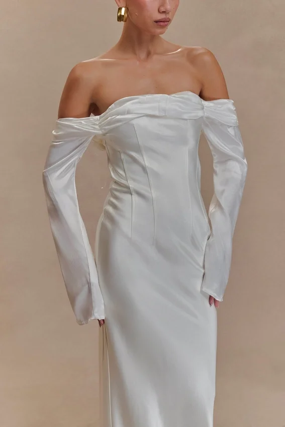 Giselle Off Shoulder Cowl Neck Maxi Dress – White Giselle Off Shoulder Cowl Neck Maxi Dress – White