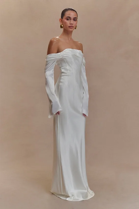 Giselle Off Shoulder Cowl Neck Maxi Dress – White Giselle Off Shoulder Cowl Neck Maxi Dress – White