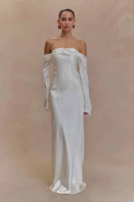 Giselle Off Shoulder Cowl Neck Maxi Dress – White Giselle Off Shoulder Cowl Neck Maxi Dress – White