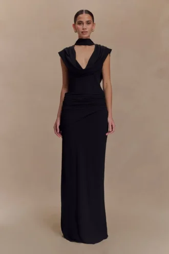 Giulia Chiffon Draped Maxi Dress – Black