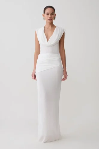 Giulia Chiffon Draped Maxi Dress – White