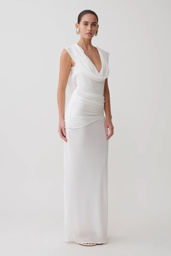 Giulia Chiffon Draped Maxi Dress – White Giulia Chiffon Draped Maxi Dress – White