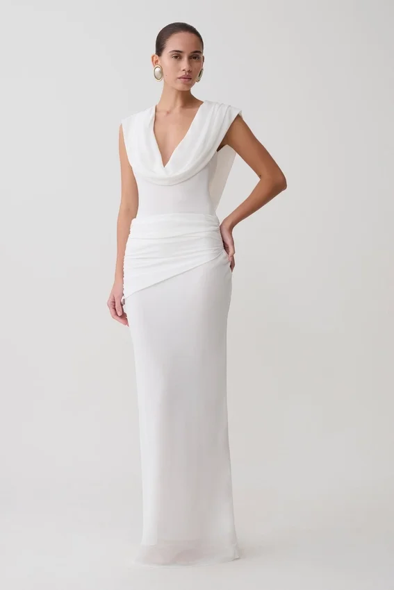 Giulia Chiffon Draped Maxi Dress – White Giulia Chiffon Draped Maxi Dress – White