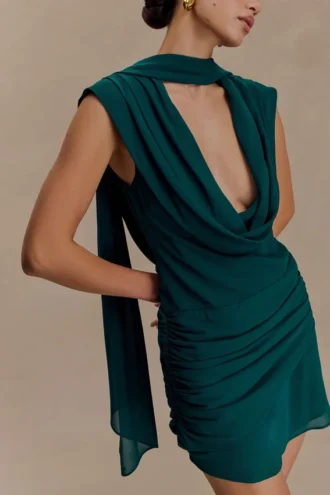 Giulia Chiffon Draped Mini Dress – Dark Emerald