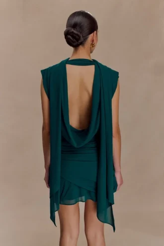 Giulia Chiffon Draped Mini Dress – Dark Emerald