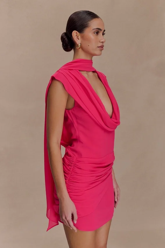 Giulia Chiffon Draped Mini Dress – Raspberry Giulia Chiffon Draped Mini Dress – Raspberry