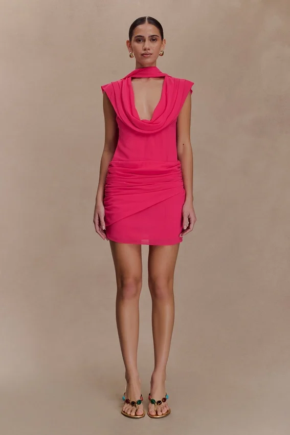 Giulia Chiffon Draped Mini Dress – Raspberry Giulia Chiffon Draped Mini Dress – Raspberry