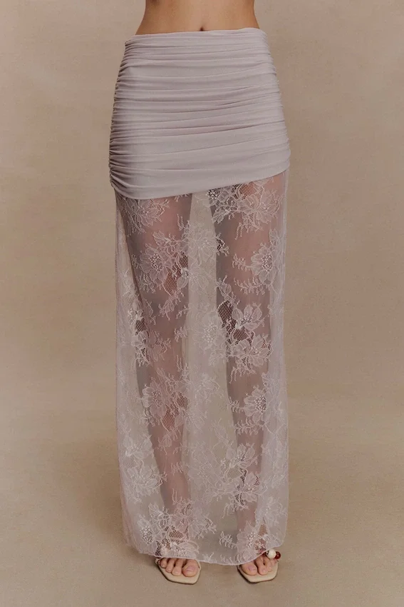 Guinevere Lace And Mesh Maxi Skirt – Lilac Guinevere Lace And Mesh Maxi Skirt – Lilac