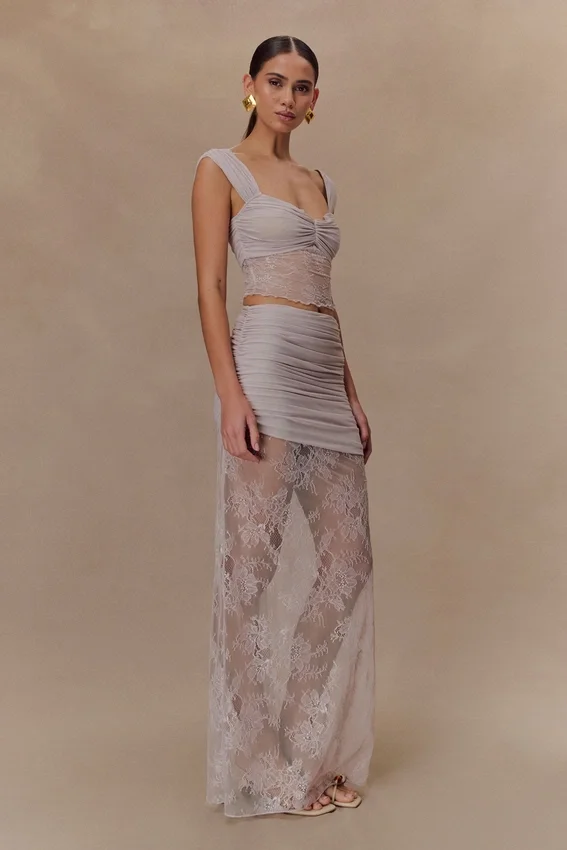 Guinevere Lace And Mesh Maxi Skirt – Lilac Guinevere Lace And Mesh Maxi Skirt – Lilac