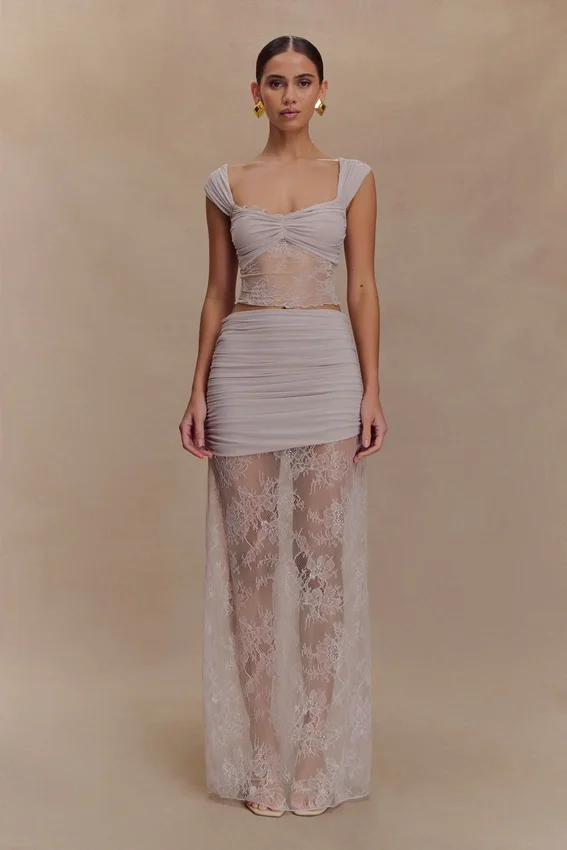 Guinevere Lace And Mesh Maxi Skirt – Lilac Guinevere Lace And Mesh Maxi Skirt – Lilac