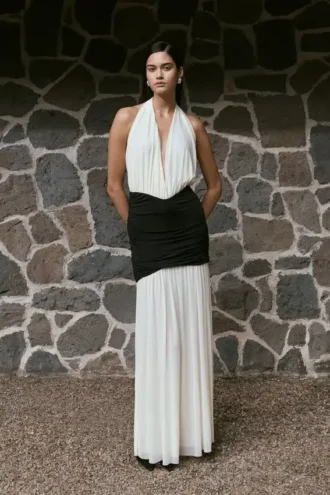 Hailee Slinky And Mesh Halter Maxi Dress – Black/White