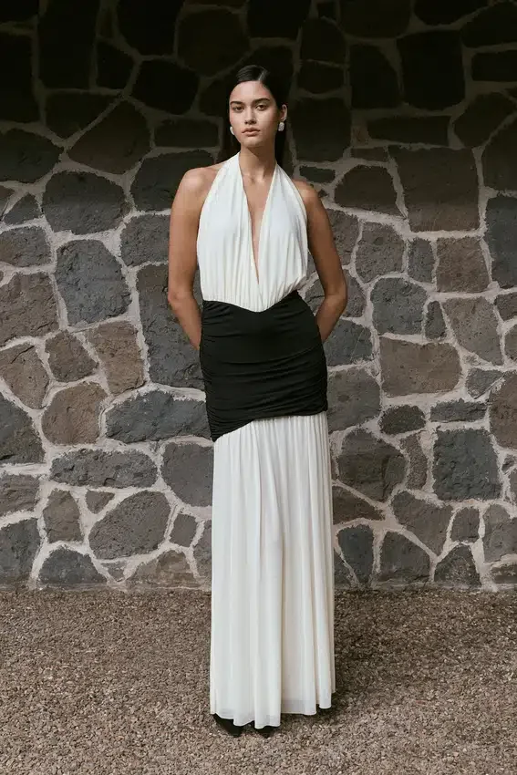 Hailee Slinky And Mesh Halter Maxi Dress – Black/White Hailee Slinky And Mesh Halter Maxi Dress – Black/White
