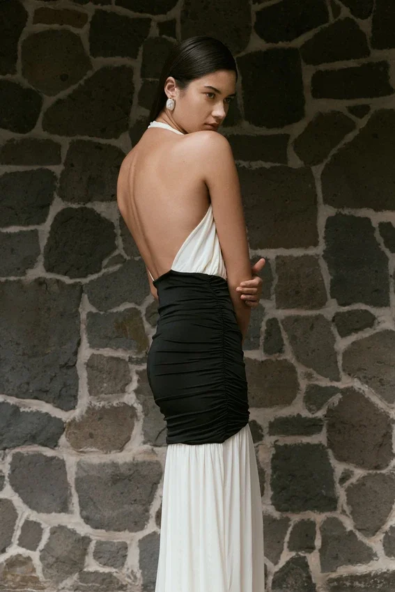 Hailee Slinky And Mesh Halter Maxi Dress – Black/White Hailee Slinky And Mesh Halter Maxi Dress – Black/White
