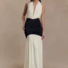 Hailee Slinky And Mesh Halter Maxi Dress – Black/White Hailee Slinky And Mesh Halter Maxi Dress – Black/White