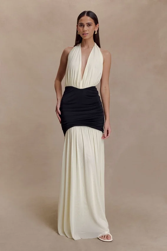 Hailee Slinky And Mesh Halter Maxi Dress – Black/White Hailee Slinky And Mesh Halter Maxi Dress – Black/White