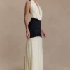 Hailee Slinky And Mesh Halter Maxi Dress – Black/White Hailee Slinky And Mesh Halter Maxi Dress – Black/White