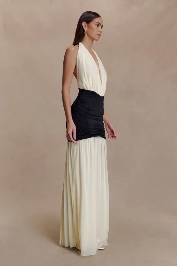 Hailee Slinky And Mesh Halter Maxi Dress – Black/White Hailee Slinky And Mesh Halter Maxi Dress – Black/White