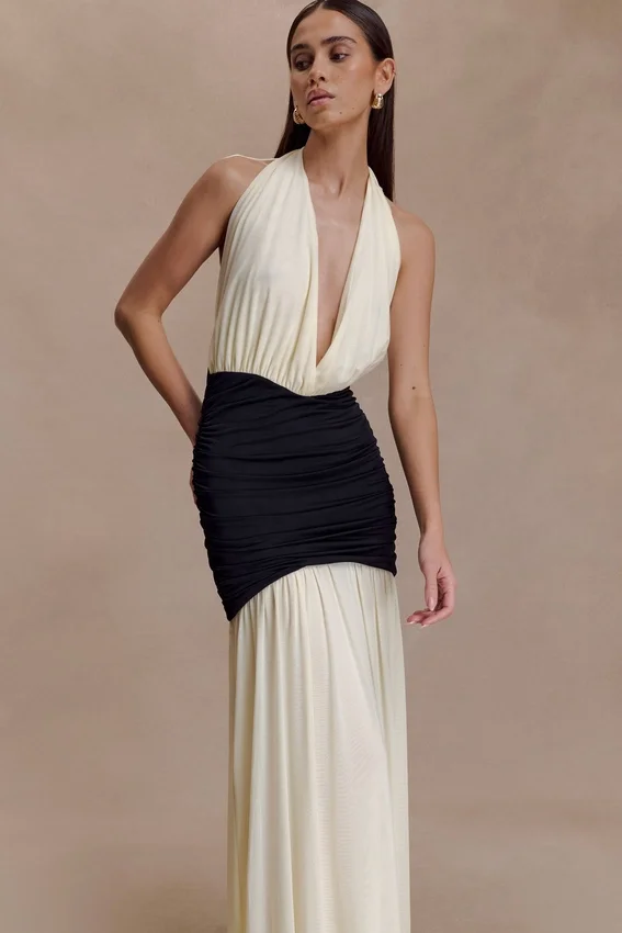 Hailee Slinky And Mesh Halter Maxi Dress – Black/White Hailee Slinky And Mesh Halter Maxi Dress – Black/White