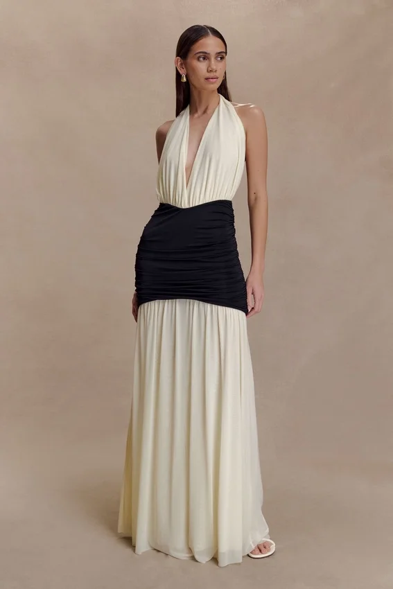 Hailee Slinky And Mesh Halter Maxi Dress – Black/White Hailee Slinky And Mesh Halter Maxi Dress – Black/White