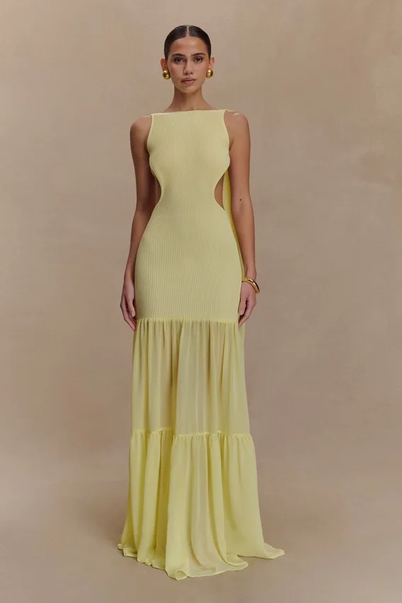 Haille Knit Chiffon Maxi Dress – Lemon Haille Knit Chiffon Maxi Dress – Lemon