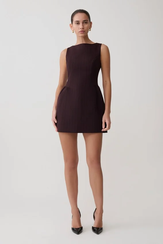 Hallie Boat Neck Mini Dress – Plum Pinstripe Hallie Boat Neck Mini Dress – Plum Pinstripe