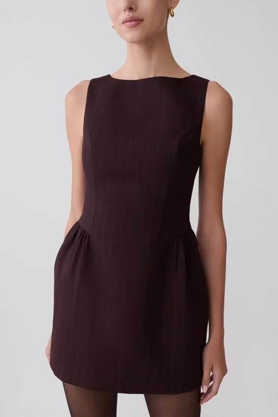 Hallie Boat Neck Mini Dress – Plum Pinstripe Hallie Boat Neck Mini Dress – Plum Pinstripe
