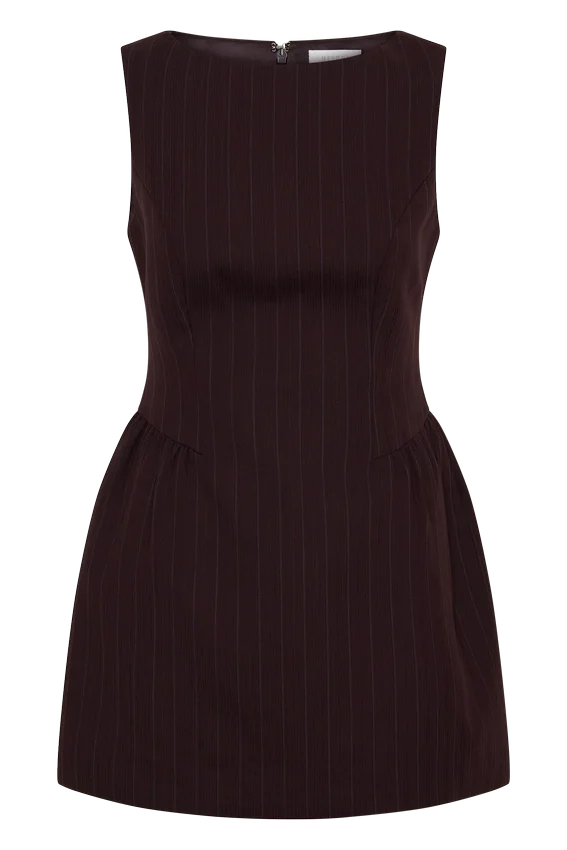 Hallie Boat Neck Mini Dress – Plum Pinstripe Hallie Boat Neck Mini Dress – Plum Pinstripe