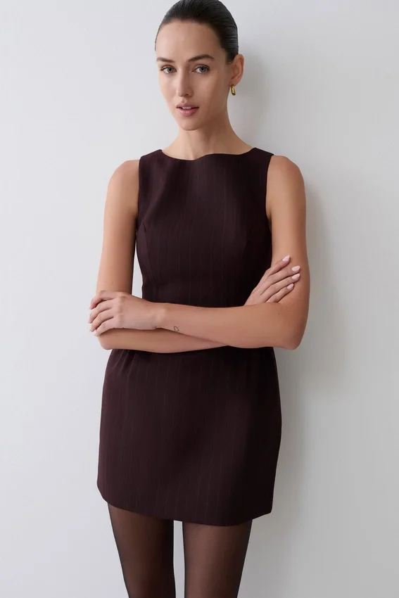 Hallie Boat Neck Mini Dress – Plum Pinstripe Hallie Boat Neck Mini Dress – Plum Pinstripe