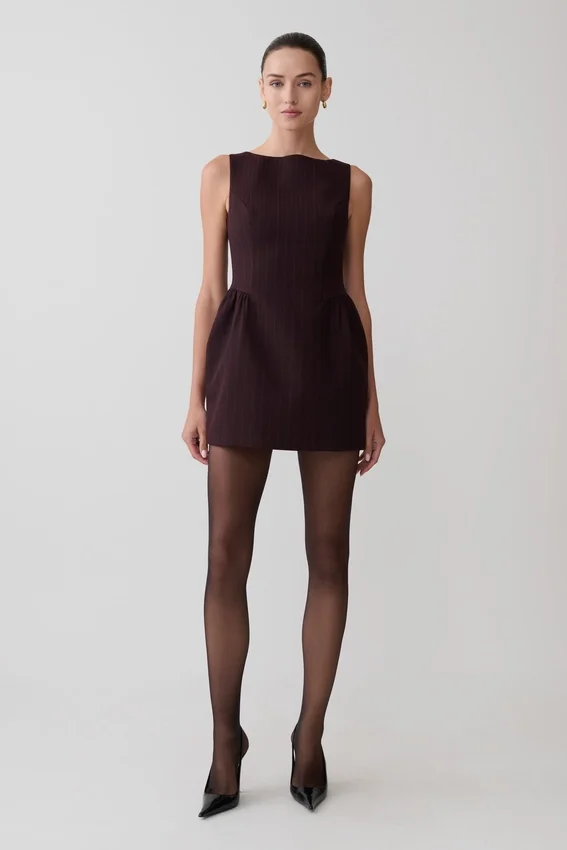 Hallie Boat Neck Mini Dress – Plum Pinstripe Hallie Boat Neck Mini Dress – Plum Pinstripe