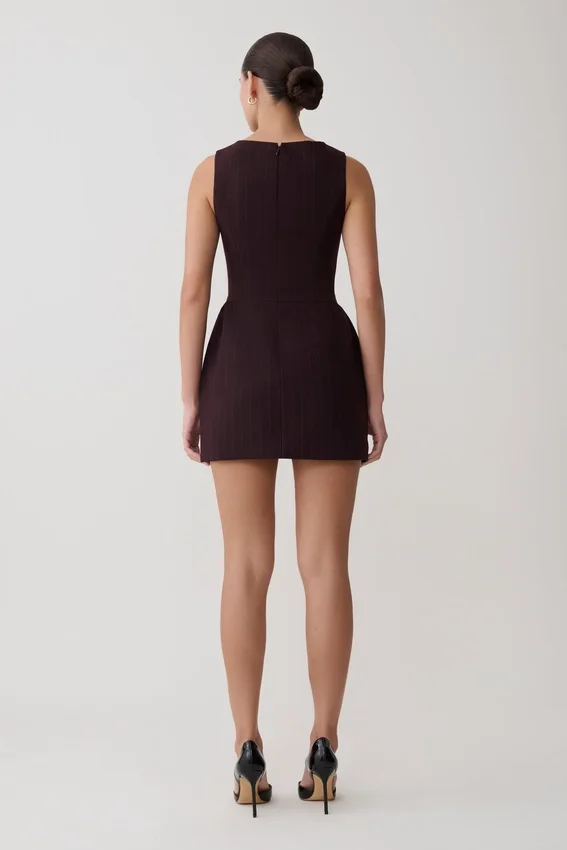 Hallie Boat Neck Mini Dress – Plum Pinstripe Hallie Boat Neck Mini Dress – Plum Pinstripe