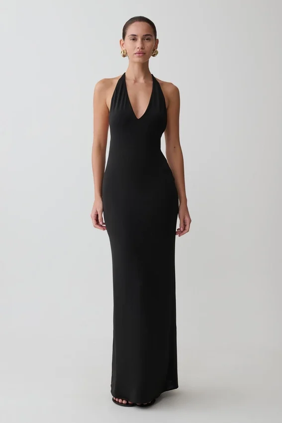Hana Slinky Plunge Maxi Dress – Black Hana Slinky Plunge Maxi Dress – Black