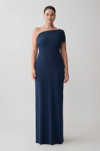 Hanh One Shoulder Mesh Maxi Dress – Ink Blue